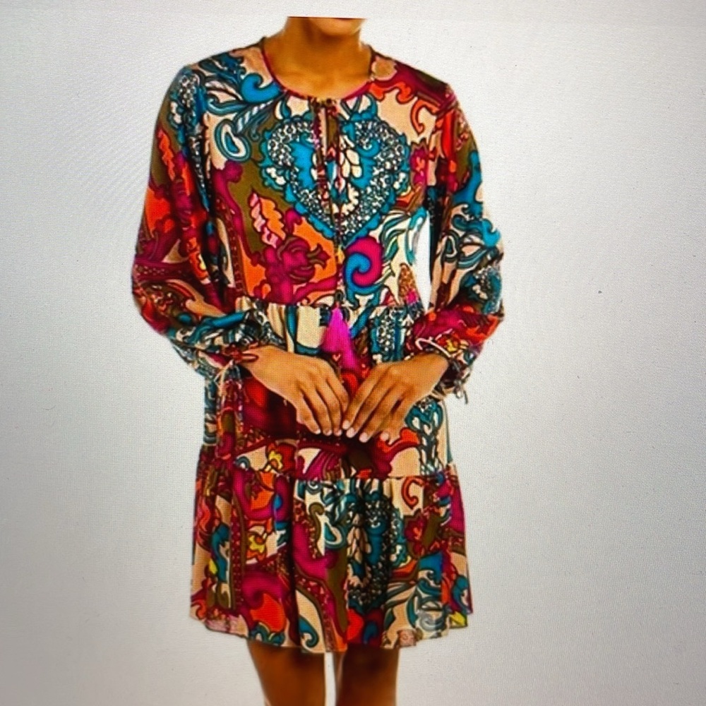 Trina Turk Cinema tiered tassel tie dress sz L